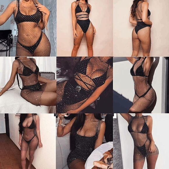 ✨ Rhinestone Crystal Diamond Fishnet Mesh Sheer Party Cover Up Dress L NWT - Picture 14 of 16